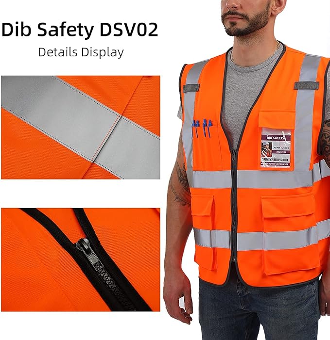 Dib Safety Vest Reflective ANSI Class 2, High Visibility Vest with Pockets and Zipper, Construction Work Vest Hi Vis Orange 2XL
