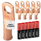 SELTERM 10pcs - 8 Awg - 1/4" Stud - Battery Lugs - Ring Terminal Connectors | with 12pcs 3:1 Black & Red Heat Shrink Tubing with Adhesive | Heavy Duty Battery Cable Ends - Bare Copper Wire Lugs Kit
