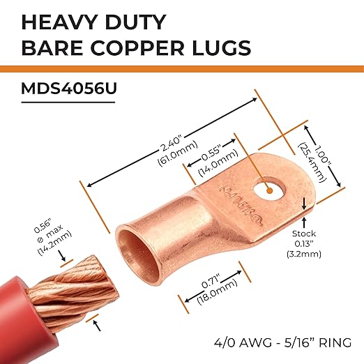 SELTERM 5pcs 4/0 AWG 5/16" Stud Copper Wire Lugs, Battery Lugs, Ring Terminals, Battery Cable Ends, 0000 Gauge Ring Terminal Connectors, UL Heavy Duty Bare Copper Eyelets Battery Terminal Connectors