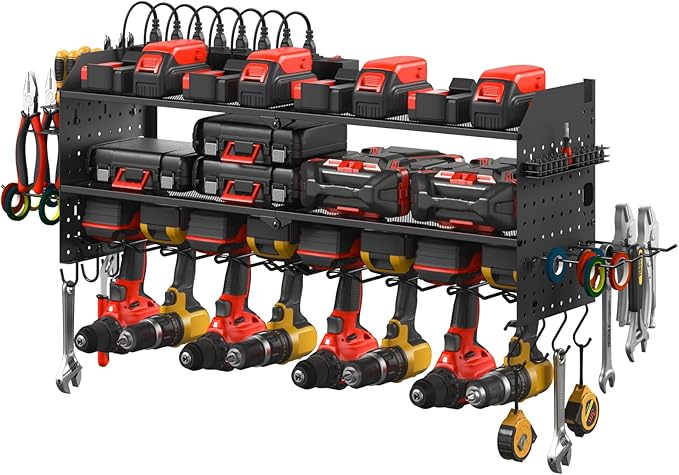 JUNNUJ Large Pegboard Power Tool Organizer with Charging Station, 8 Drills Driver and Tools Battery Holder Wall Mount with 8 Outlet Power Strip, Black 3-Layer Shop Garage Storage Utility Rack