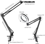 Magnifying Glass with Light and Stand, 3 Color Modes Stepless Dimmable, 5-Diopter Glass Lens, Adjustable Swivel Arm, LED Magnifier Desk Lamp for Close Work, Repair, Crafts, Reading - Long