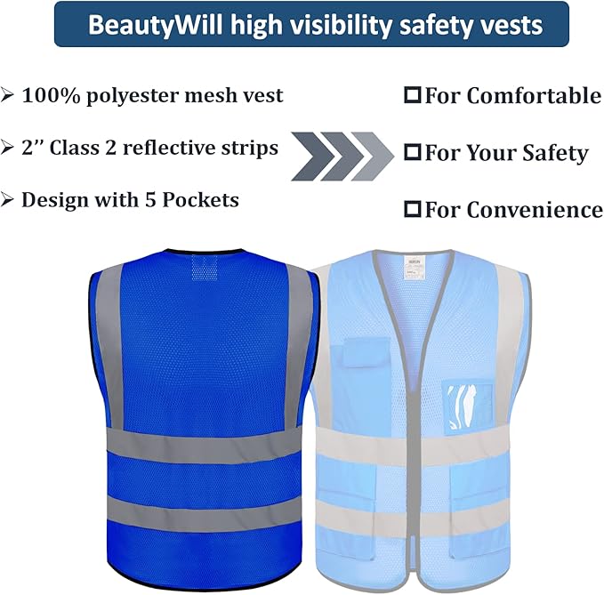 BeautyWill Custom Logo 10/20 Pack Safety Vest Class2 High Visibility Vest with Pockets Breathable Construction Vest Bulk