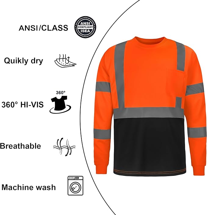 High Visibility Class 3 T Shirts，Hi Vis Safety Shirts with Reflective Strips and Pocket, Long Sleeve Quick Dry Mesh Construction Work Shirt for Men/Women Black Bottom Orange,Large