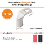 SELTERM 10pcs - 2 AWG 5/16" Stud 90° Bent Battery Lugs - Ring Terminal Connectors with 12pcs 3:1 Black & Red 5/8" Heat Shrink Tubing - Heavy Duty Battery Cable Ends - Tinned Copper Wire Connector Kit