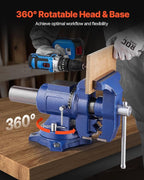 VEVOR Heavy Duty Bench Vise, 6-1/2" Jaw Width, 5" Max Jaw Opening Multi-Purpose Ductile Iron Bench Vise with Anvil, 360° Swivel Base Head, 3" Throat, 5620 lbs Clamp Force, for Pipe Repairing