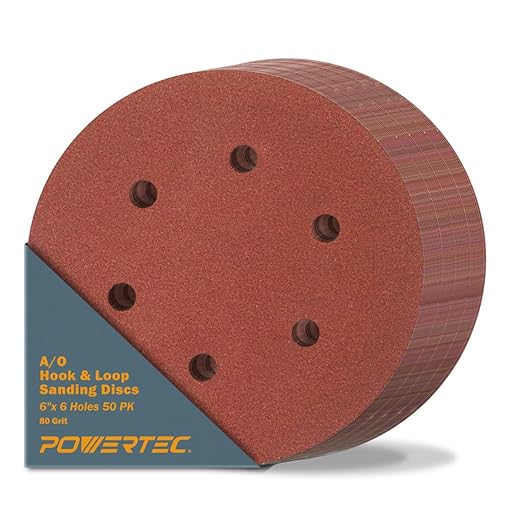 POWERTEC 80 Grit, 50 PK, 6 Inch Sanding Discs – Hook and Loop, 6-Hole Aluminum Oxide Orbital Sander Pads, Woodworking & Paint Round Sandpaper for Random Orbital, Air, Pneumatic & DA Sanders (45208-P2)