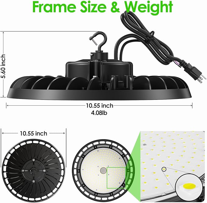 LED High Bay Light 150W, 10' UFO Commercial Lighting Fixture w/Isolated Power Supply, w/Plug for Garage Shop Warehouse Workshop, 5000k 21000lm Dimmable IP65 UL ETL Listed (4-Pack)