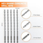 KENDO 1/4" x 6" Rotary Hammer Drill Bits Multi-Purpose Carbide Drill Bit Set - 5-Piece Carbide Tips for Concrete, Brick, Wood, Tile, for DIY Lovers