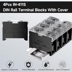 4Pcs DIN Rail Terminal Blocks with Cover, IN-411S 600V 60A Electrical Connection Terminals, 8Pcs 14-12 AWG Insulated Fork Spade Wire Connectors & 3.15 Inch DIN Rail Included