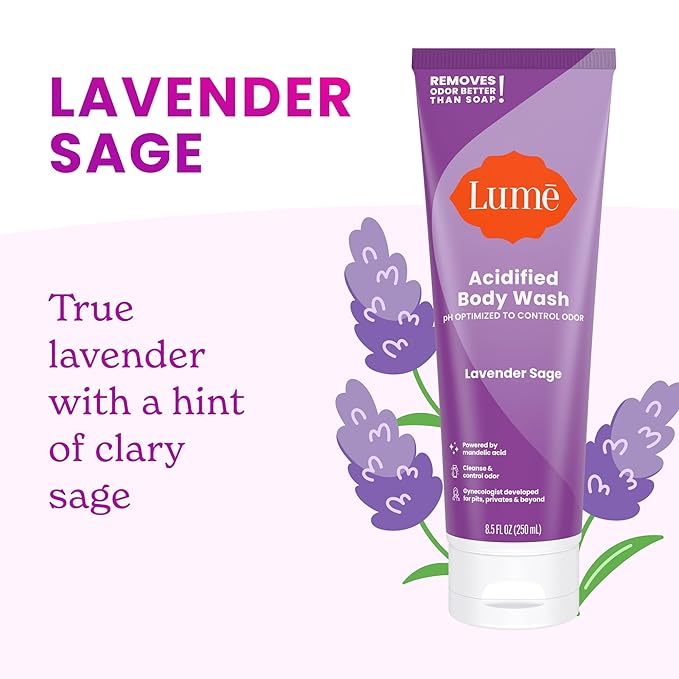 Lume Acidified Body Wash & Flushable Deodorant Wipes - 24 Hour Odor Control - Hydrating Wash - Without SLS or Parabens - OB/GYN Developed - 8.5 ounce (Lavender Sage) 15 Count Wipes (Cucumber)