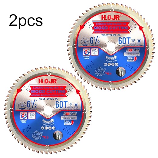 2-Pack 6-1/2" 60-Tooth 5/8" Arbor Woodworking Circular Saw Blade,Ultra Finish/General Purpose,Special Anti-Thermal Adhesion Coating on Cutting Edge-TA,High Finish, Long Life,6-1/2" 60T 5/8"