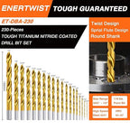 ENERTWIST Titanium Drill Bit Kit Set for Metal and Wood 230-Piece - Anti-Walking 135 Deg Tip Coated HSS from 3/64inch up to 1/2 Inch, ET-DBA-230B