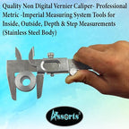 Quality Non Digital Vernier Caliper- Professional Metric -Imperial Measuring System Tools for Inside, Outside, Depth & Step Measurements (Stainless Steel Body)