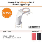 SELTERM 10pcs - 2 AWG 1/4" Stud - 90° Bent Battery Lugs - Ring Terminal Connectors with 12pcs 3:1 Black & Red 5/8" Heat Shrink Tubing - Heavy Duty Battery Cable Ends - Tinned Copper Wire Connector Kit