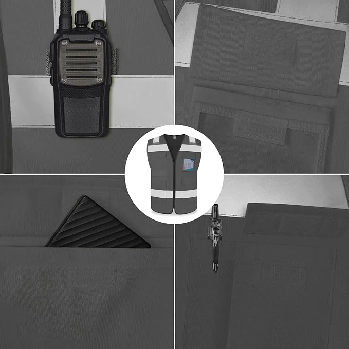 TCCFCCT Hi Vis Vest 5 Pockets High Visibility Reflective Safety Vest for Men Women, Neon Construction Vest with Horizontal Strip for Walkie-talkie and ID Card, Meets ANSI/ISEA Standards, Grey, 3XL