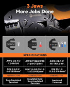 HARDELL Crimping Tool for Heat Shrink AWG22-10, Wire Crimping Tool with 90 PCS Wire Connectors, 3 Interchangeable Dies, Anti-Slip Grip, Electrical Connectors Kit Ratchet Wire Terminal Crimper
