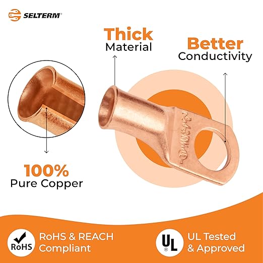 SELTERM 10pcs 4 AWG - 3/8" Stud (Wide Pad) - Battery Lugs, Heavy Duty Wire Lugs, Ring Terminals, Battery Cable Ends,4 Guage Terminals, UL Bare Copper Eyelets Electrical Battery Terminal Connectors