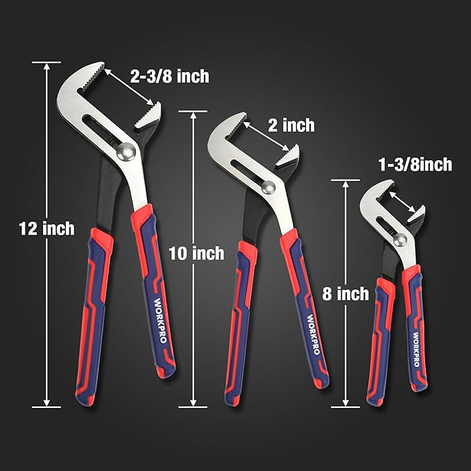 WORKPRO 3 Piece Groove Joint Plier Set, 12/10/8 Inch Adjustable Water Pump Pliers, Straight Jaw Pliers for Home Repair, Gripping, Nuts, Bolts, Pipe & Fittings