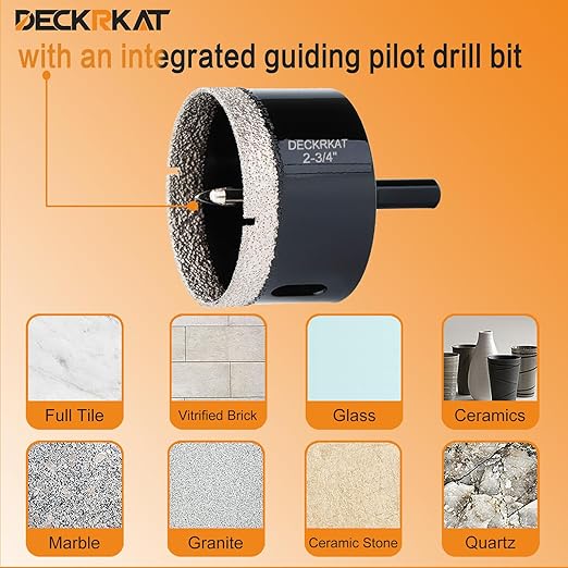 2-3/4 inch Diamond Hole-Saw Bits with Pilot Drill Bit -2-3/4" Diamond Tipped Tile Hole Saws with Guiding Bit Accurate Drilling for Porcelain Tile Ceramic Pottery Granite Stone Glass Bottles 70mm