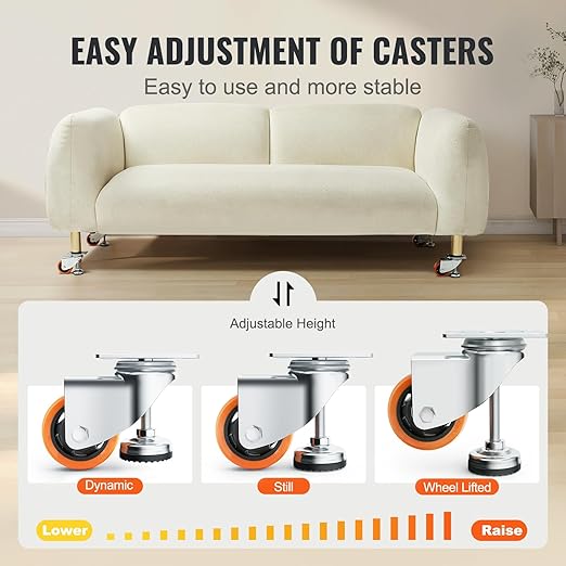 VEVOR Leveling Casters, Set of 4, 1800 lbs Total Load Capacity, 3 inches Diameter, Heavy Duty 360 Degree Swivel Caster Wheels, Adjustable Casters with Feet for Workbench, Machine, Equipment, Furniture