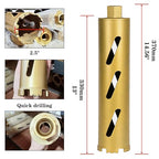 2.5" Dry Core Drill Bits for Cured Concrete with Rebar Brick Blonck Masonry etc 12.2in/310mm Drilling Depth，10mm Diamond Segment Height，2 Adapters