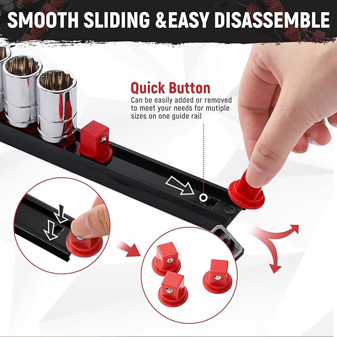 Magnetic Socket Organizer, 1-Piece Heavty Duty ABS Socket Holder, Socket Rail for Tool Box, Premium Quality 360° Swivel Socket Rack with 14 Clips for 3/8-Inch(Red)