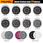 POLIWELL 5 Inch Sanding Discs 8-Hole Hook and Loop Sandpaper Wet Dry Sanding Sheets 80 to 2000 Assortment Grits 50 Pack with 5” Interface Pad for Random Orbital Sander Automotive Wood Metal Plastic