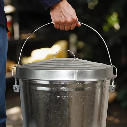 Plexon Silver 10 Gallon Trash Can with Lid Galvanized Steel Stylish Metal Trash Bin Outdoor for Kitchen, Patio, and Camping
