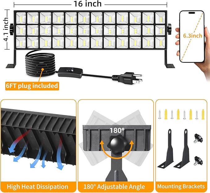6 Pack 100W LED Shop Lights, 11000LM 6000K Plug in Garage Light with 6FT Power Cord, IP66 Waterproof Work Light for Garage, Outdoor, Workshop, Yard, Indoor, Warehouses, Carport