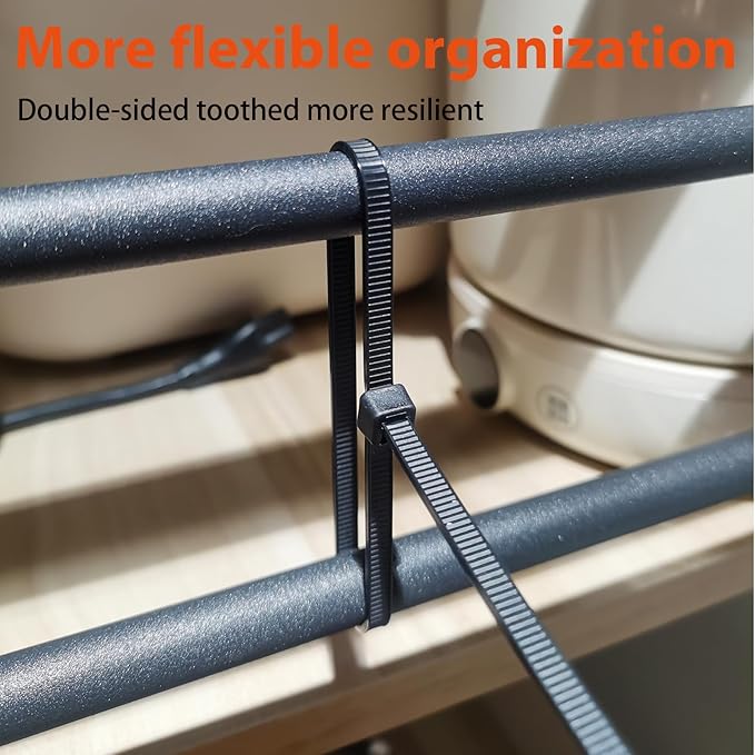 8 Inch Zip Ties Double Sided Toothed (Bulk 1000 Pack Black),65lbs Tensile Strength Heavy Duty Cable Wire Ties with Self-Locking Adjustable Nylon Tie Wraps for Indoor Outdoor (Patented Design)