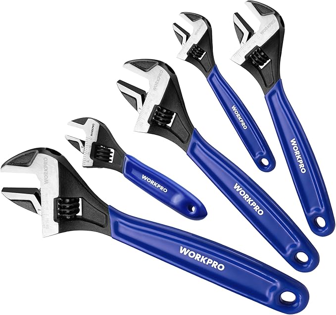 WORKPRO 5-piece Adjustable Wrench Set, 4-Inch & 6-Inch & 8-Inch & 10-Inch & 12-Inch Wrenches, Wide Jaw Black Oxide Wrench, Metric & SAE Scales, Cr-V Steel, for Home, Garage, Workshop