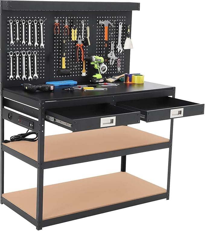 48'' 3-Tier Adjustable Workbench, Heavy Duty Workbench with Drawer and Backplate, 2000 LBS Capacity Work Table, Suitable for Office, Garage, Workshop