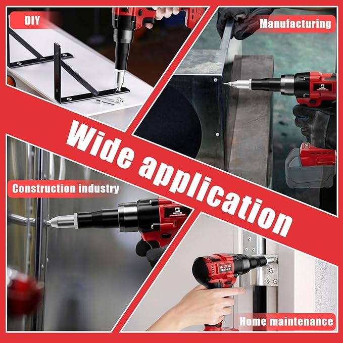 Rivet Gun Compatible with Milwaukee 18V Battery, Cordless Rivet Tool with 3 Size (1/8", 5/32", 3/16") Aluminum Rivets, Brushless Motor Rivet Gun Kit Nose Piece, Led Light, Tool Only