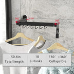 Wall Mounted Clothes Hanger Rack, Retractable Clothes Drying Rack Folding Indoor, Laundry Drying Rack, Space Saver Clothes Rack,Collapsible(Tri-Fold),with 18 J-Hooks Laundry Rack Black