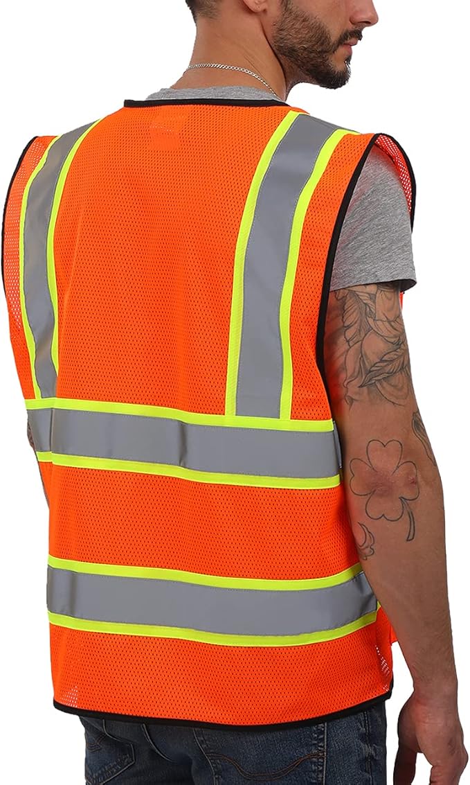 Dib Safety Reflective Mesh Vest High Visibility Two Tone with Pockets and Zipper, ANSI Class 2 Compliant, Orange Mesh with Yellow Trim 3X
