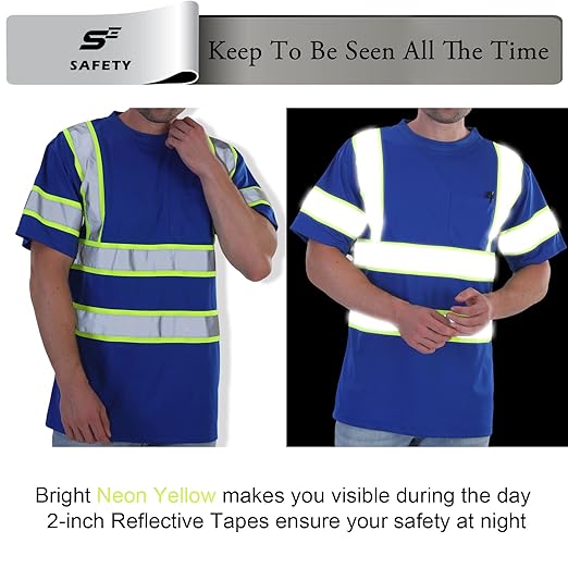 sesafety High Visibility Shirts for Mens Class 3 Hi Vis Reflective Construction Shirts for Men with Pocket Safety T Shirts for Men Work Shirt for Mens Short Sleeve Blue Yellow Strips M