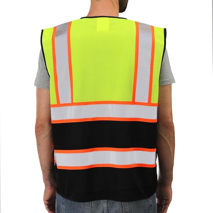 Dib Safety Reflective Mesh Vest High Visibility Two Tone with Pockets and Zipper, Yellow and Black Mesh with Orange Trim 2XL