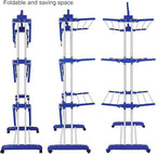 Bigzzia Clothes Drying Rack, Folding Stainless Steel Drying Rack Clothing Indoor Outdoor, Space-Saving, 4 Tier Laundry Drying Rack with Two Side Wings Grey Blue