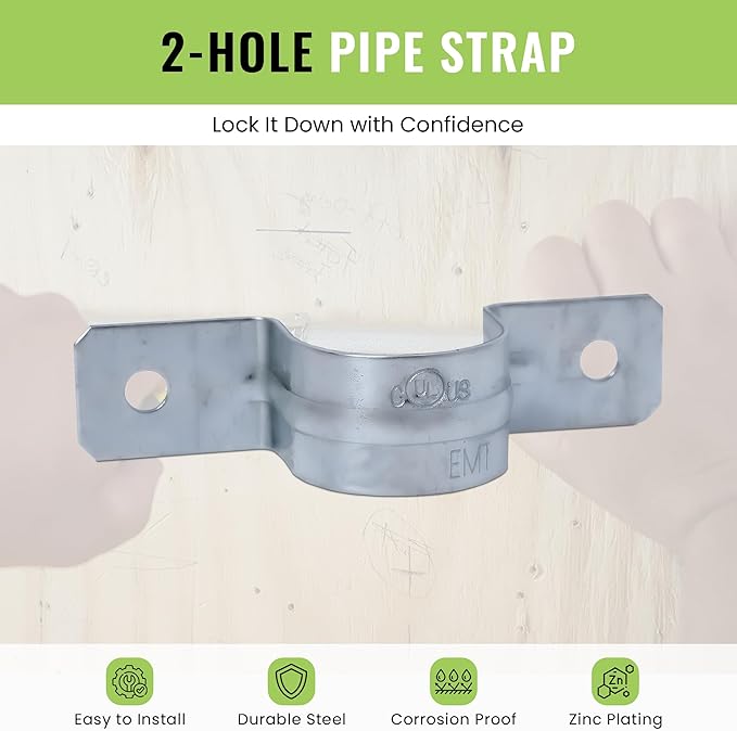 Select 100 Pack Lighting 2 Hole 1/2 Inch Rigid Pipe Straps for EMT, Heavy-Duty Zinc-Plated Steel Clips with Reinforced Rib, Conduit Strap for Pipes, Cables, and Tubes, Snap-On Installation