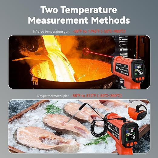 Dual-Mode 50:1 Infrared Thermometer Gun -58°F to 1796°F, with K-Type Thermocouple for Internal Measurements, Max/Min Temperature, Alarm for Industrial & Home Use
