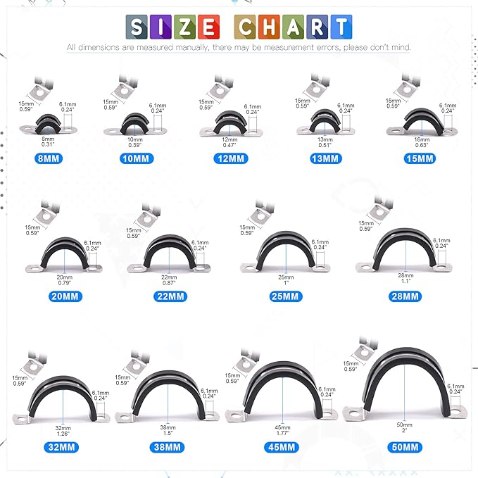 Glarks 16Pcs 10MM 2 Hole U-Tube Strap Clamp Set 304 Stainless Steel Rubber Cushion Rigid Pipe Strap U Bracket Tube Strap Assortment Kit For Pipe Tube Fixing (10mm)