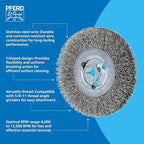 PFERD Crimped Wheel Brush, Stainless Steel Wire, 4-1/2" Diameter, 5/8-11 Thread, 0.014 Wire Size, 15/16" Trim Length, 1/2" Face Width, 12500 max RPM - Part 80354