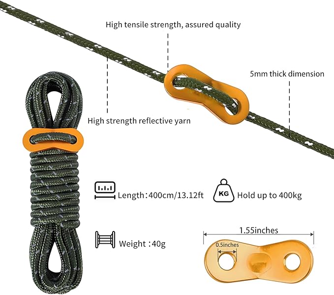CONBOLA 6 Pack 5 mm Guy Lines Ultralight Tent Cords with Aluminum Adjuster Tensioner Outdoor Camping Guylines Ropes for Tent Tarp, Canopy Shelter, Climbing, Hiking Backpacking Gear