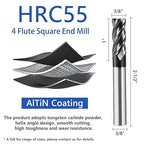 3/8" Carbide End Mill Bits Set for Alloy & Hardened Steels - Hrc55 Micro Grain, 4-Flute Milling Cutter with AlTiN Coating, CNC Router Bits, High-Performance Milling Bits
