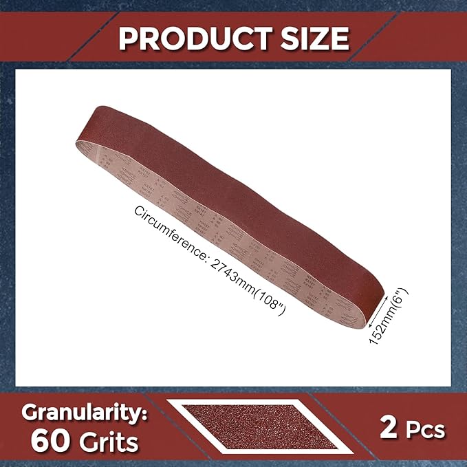 2 Pcs Sanding Belts 6 x 108 Inch 60 Grit Aluminum Oxide Abrasive Sandpaper for Belt Sander Metal Grinding Wood Working Weld Rust Removal