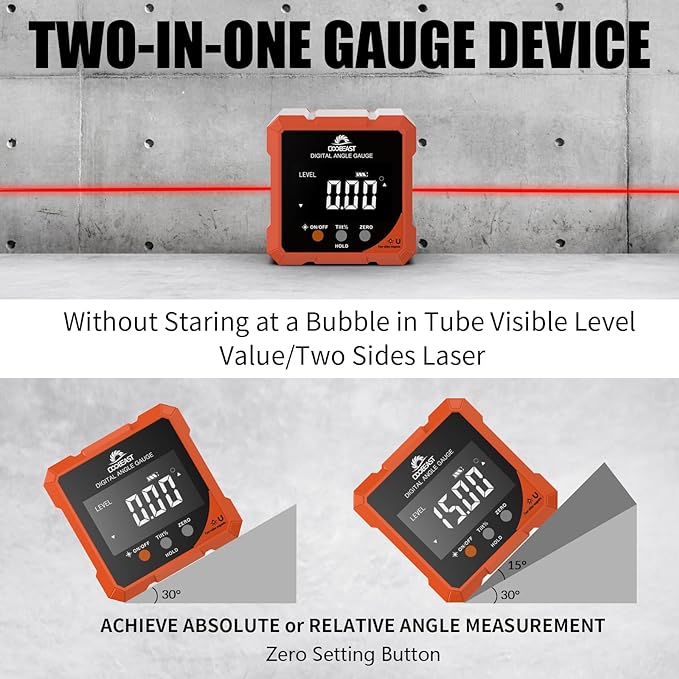 Digital Angle Finder Magnetic, Rechargeable Digital Angle Gauge, Mini Protractor Angle Finder Measuring Tool for Woodworking Tablesaw(Laser Level is Class II, Output<5mW), Gift for Men