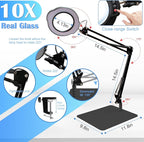 2-in-1 Desk Lamp & Clamp Light, 10X Magnifying Glass with Light and Stand, 5 Color Modes 10 Brightness Dimmable LED Desk Lamp,14.5inch Adjustable Swing Arm for Reading Crafts Painting Close (Black)