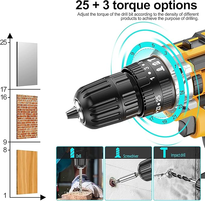 Cordless Drill Set, 21V Power Drill with 2 Battery and Charger,25+3 Torque Setting Electric Drill with 56 Acessories, Built-in 3/8'' Keyless Chuck, LED Light, Max 398 in/lb Electric Screwdriver