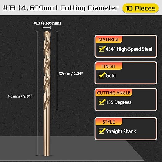 Drill Bit, #13 Cutting Diameter, 4341 HSS Gold Finish 135° Cutting Angle Number Jobber Bits - (Applications: for Drilling Soft Metal Plastic Wood), 10-Pieces
