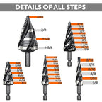 THINKWORK Four Spiral Flute Step Drill Bit Set, 5 Pcs HSS Step Drill Bits (1/8"-1-3/8") Unibit Step Drill Bit, 1/4" and 3/8" Shank Step Bits for Aluminum, Wood, Plastic, Metal